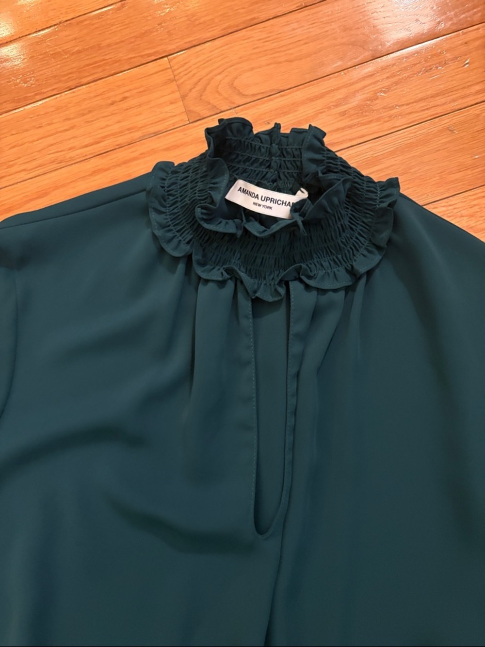 Amanda Uprichard Dark Teal Long Sleeve Smocked Waist Mini Dress - Picture 5 of 10